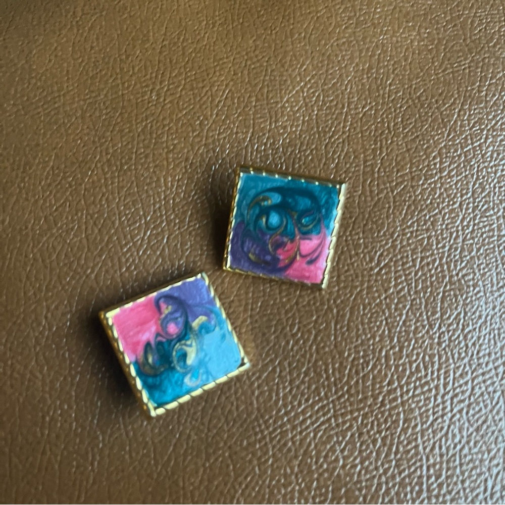 Vintage Square Clip On Colorful Swirl Earrings